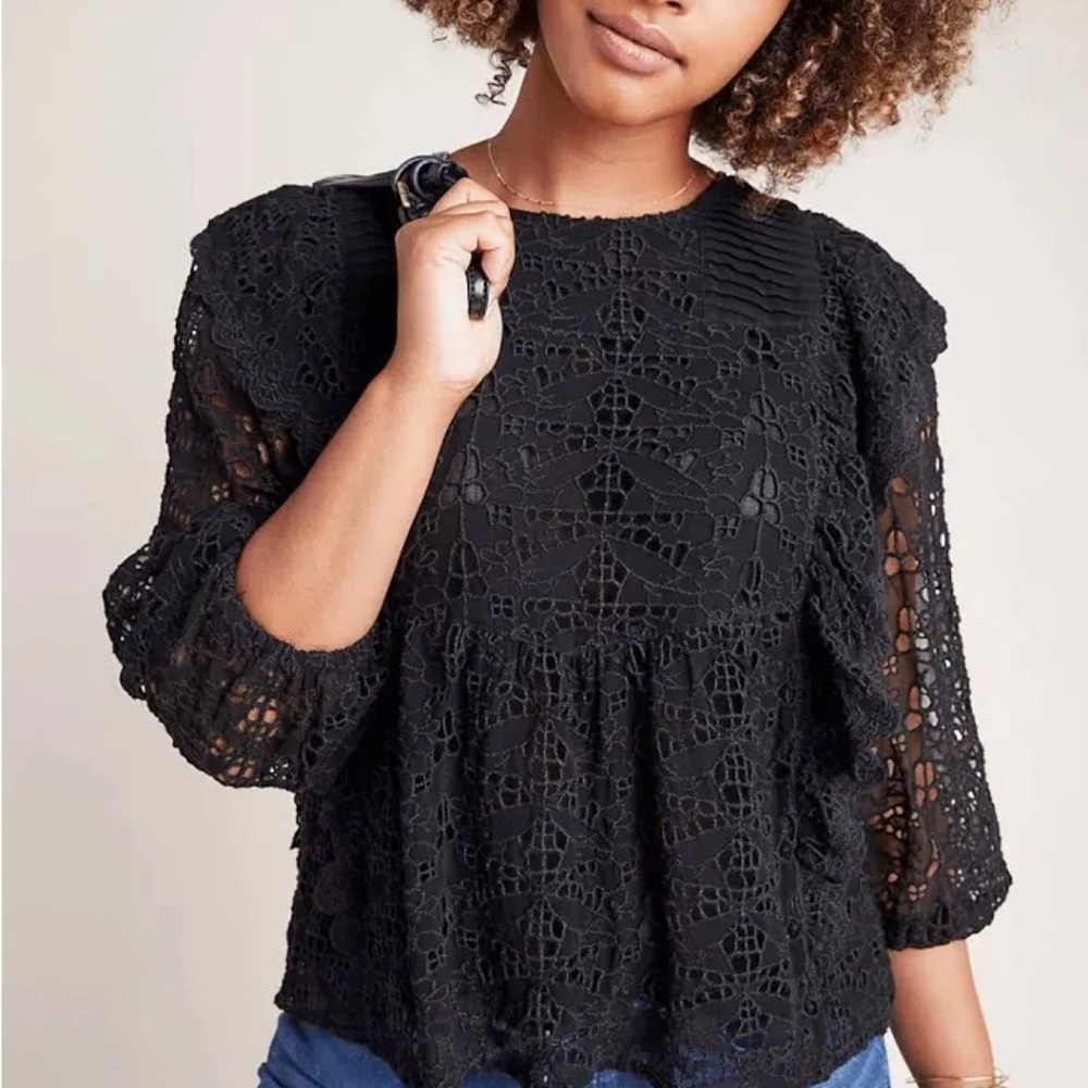 Anthropologie Clementine black lace ruffle blouse size 4